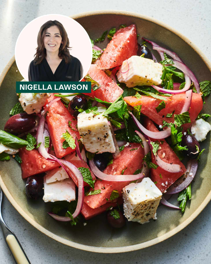 A graphic of Nigella Lawson and her watermelon salad recipe