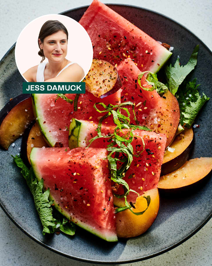 A graphic of Jess Damuck and her watermelon salad recipe