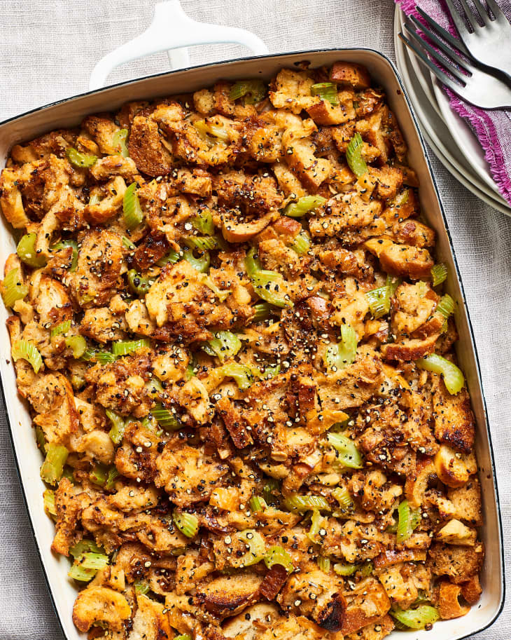 Baking pan filled with Thanksgiving stuffing