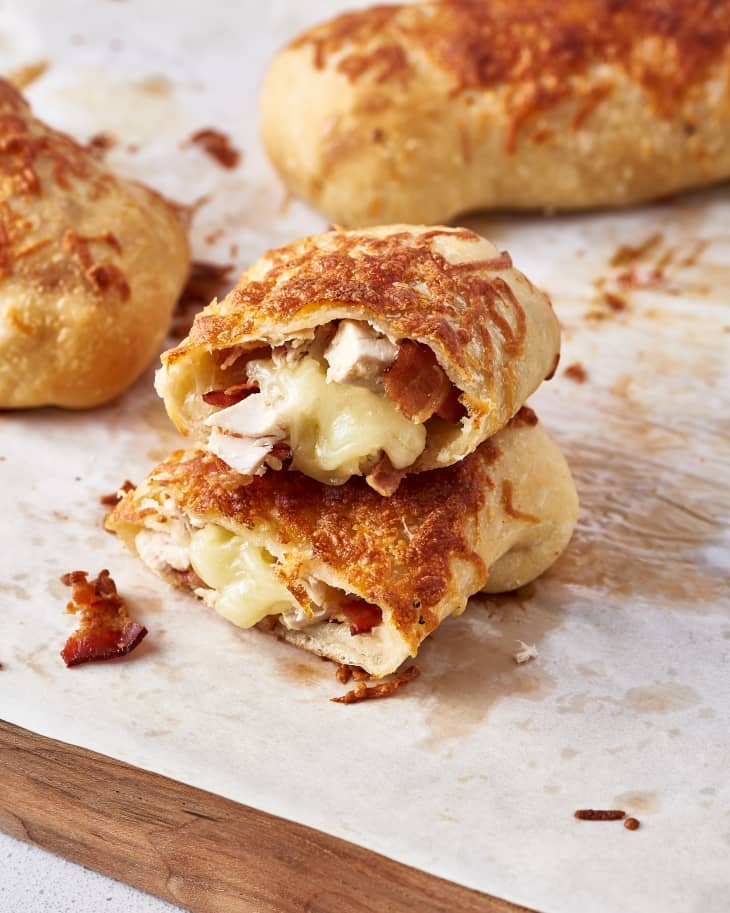 Costco chicken bakes is filled with tender chicken, cheese, and Caesar dressing all in a tender, golden crust