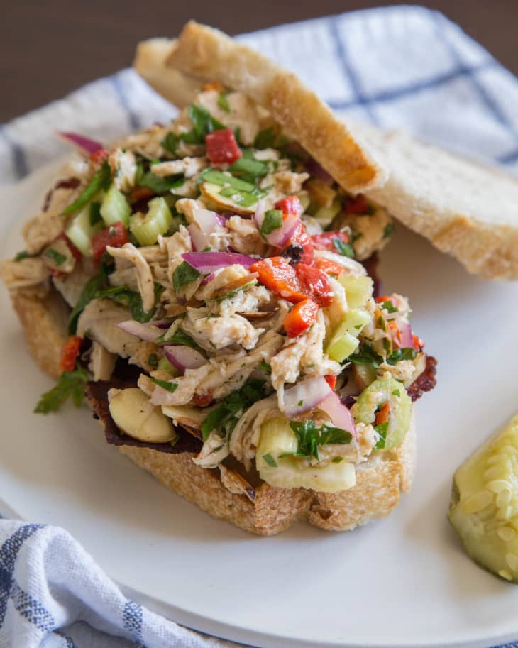 Italian chicken salad sandwich on a plate