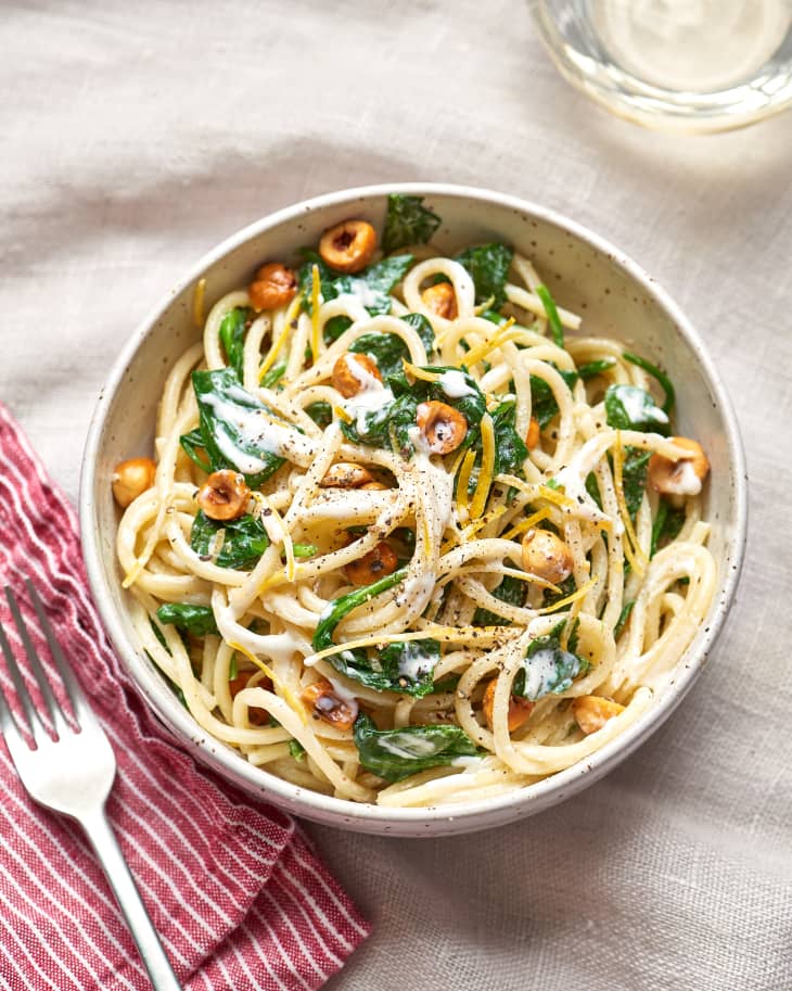 Spaghetti with Mascarpone, Meyer Lemon, Spinach, and Hazelnuts | Kitchn