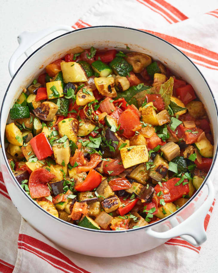 French ratatouille, a stew of eggplant, zucchini, sweet bell peppers, and ripe summer tomatoes, in a pot