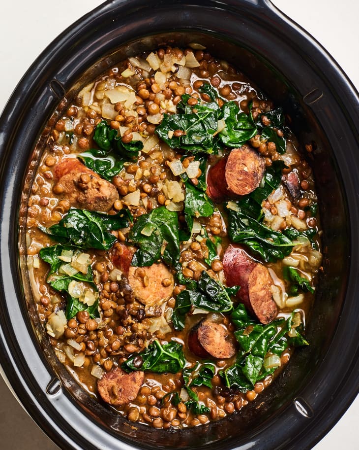 Chicken and lentil stew in a slow cooker