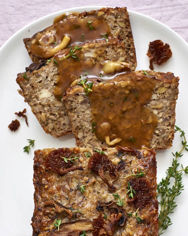 Classic vegetarian nut loaf slices on a plate