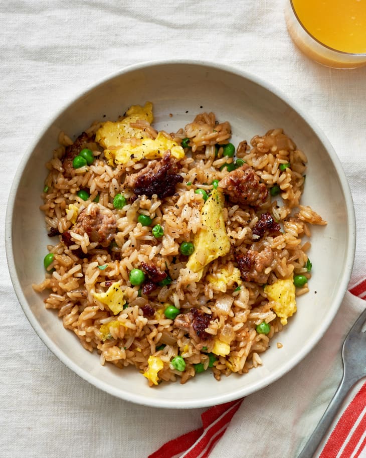 A bowl of breakfast fried rice with eggs