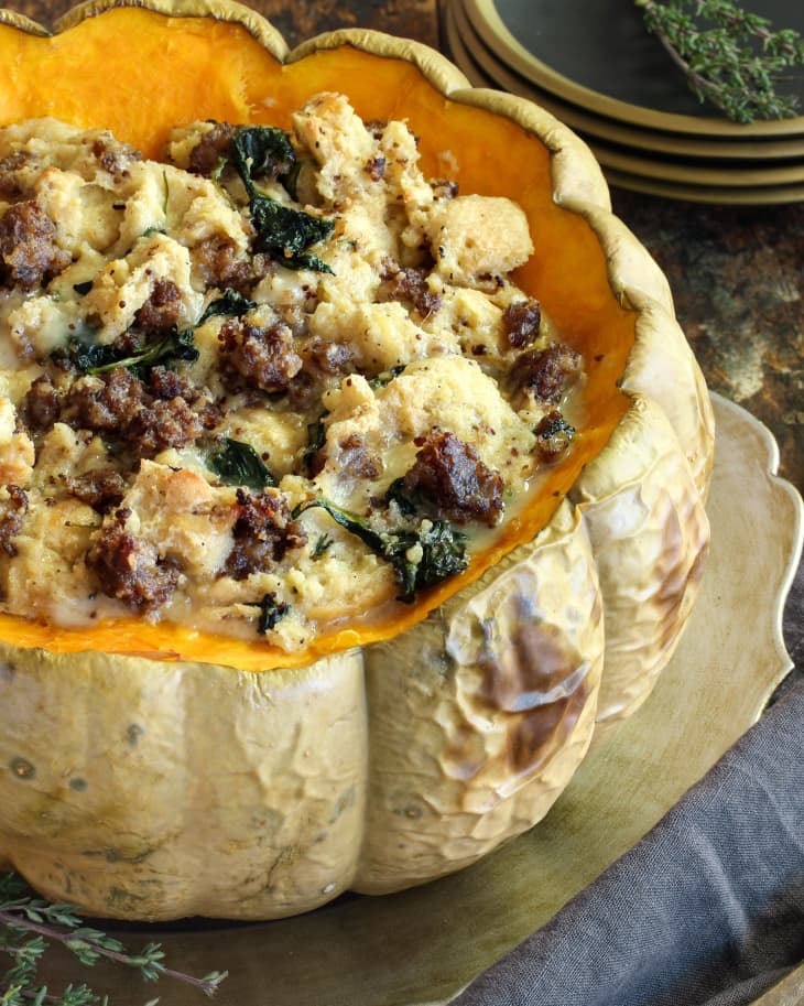 Pumpkin stuffed with savory bread pudding base