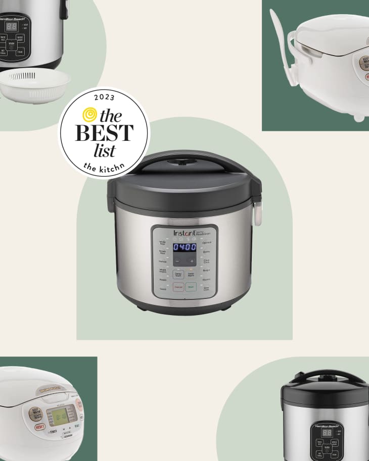 3 different rice cookers on a graphic colored background. Seal that reads "2023 the Best List the kitchn"