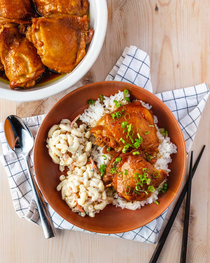 overhead photo of Shoyu Chicken in bowl over rice with macaroni salad