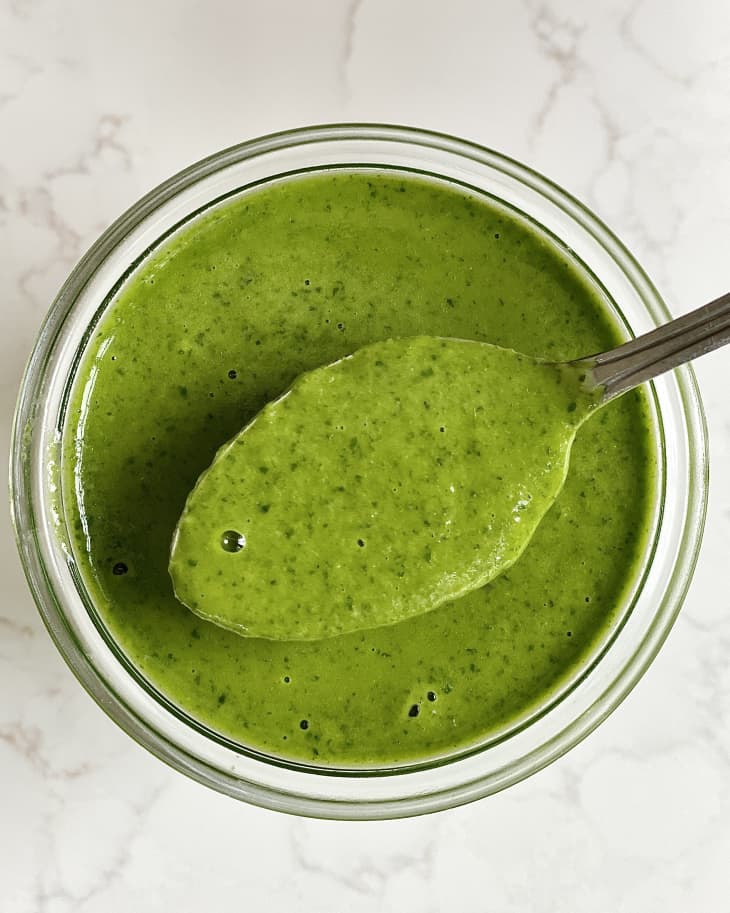 green sauce, mason jar, silver spoon