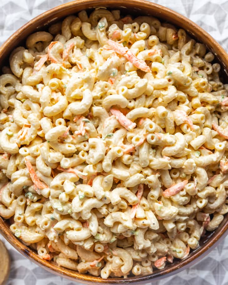 Overhead photo of Hawaiian Macaroni Salad in wooden bowl