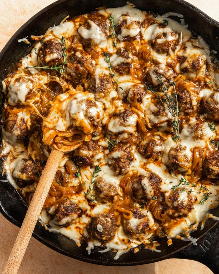 French Onion Meatballs in a cast iron pan