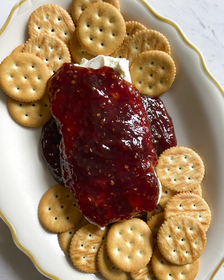 Cream Cheese, Raspberry Red Pepper Jelly Dip Recipe (with Ritz crackers