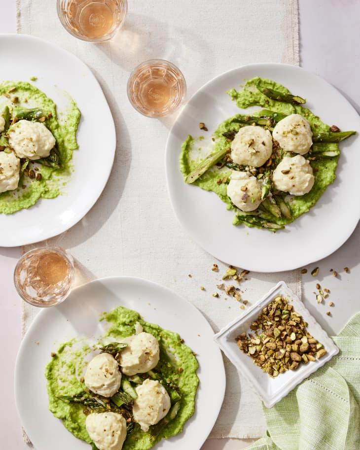 Lemony Baked Ricotta Dumplings with Asparagus and Pea Pesto Recipe