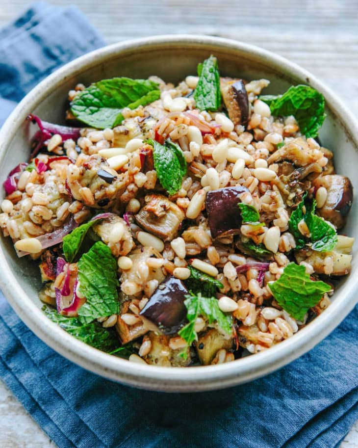 Recipe Farro Salad with Roasted Eggplant, Caramelized Onion, and Pine