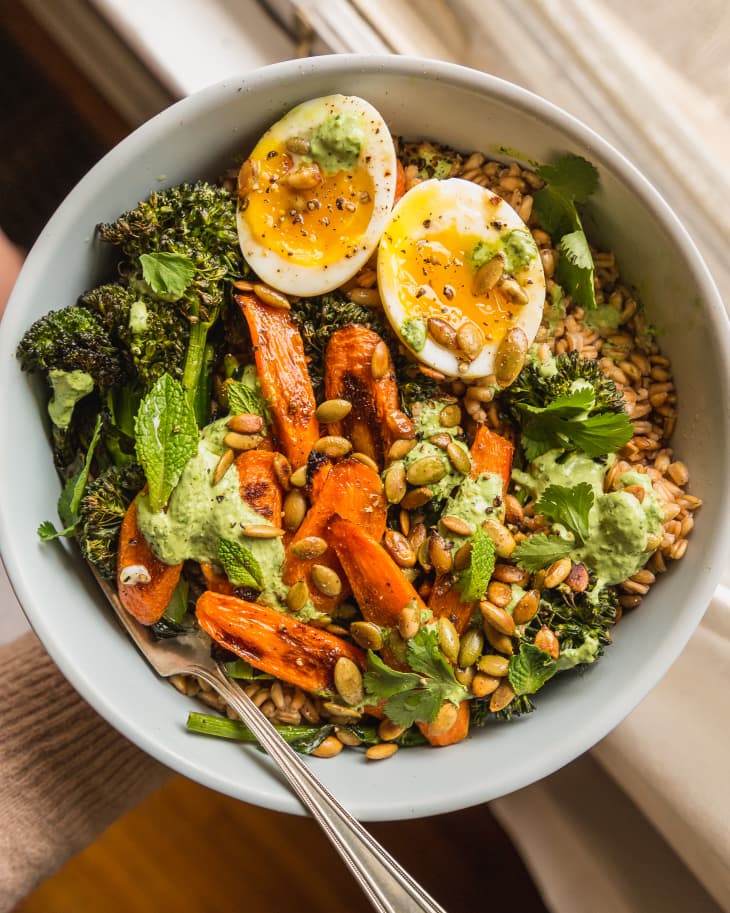 Farro Bowl with Carrots Broccolini and Yogurt Dressing | The Kitchn