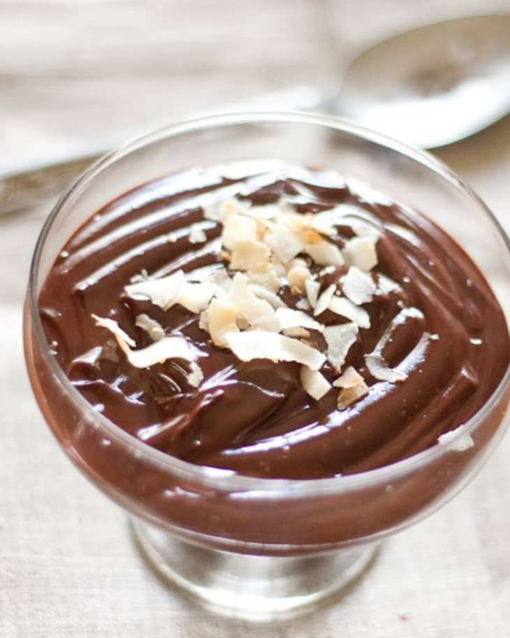 Dessert Recipe Coconut Chocolate Pudding with Coconut Flakes The Kitchn