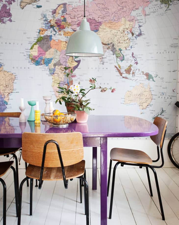 Look A Huge World Map and Purple Table in the Dining Room The