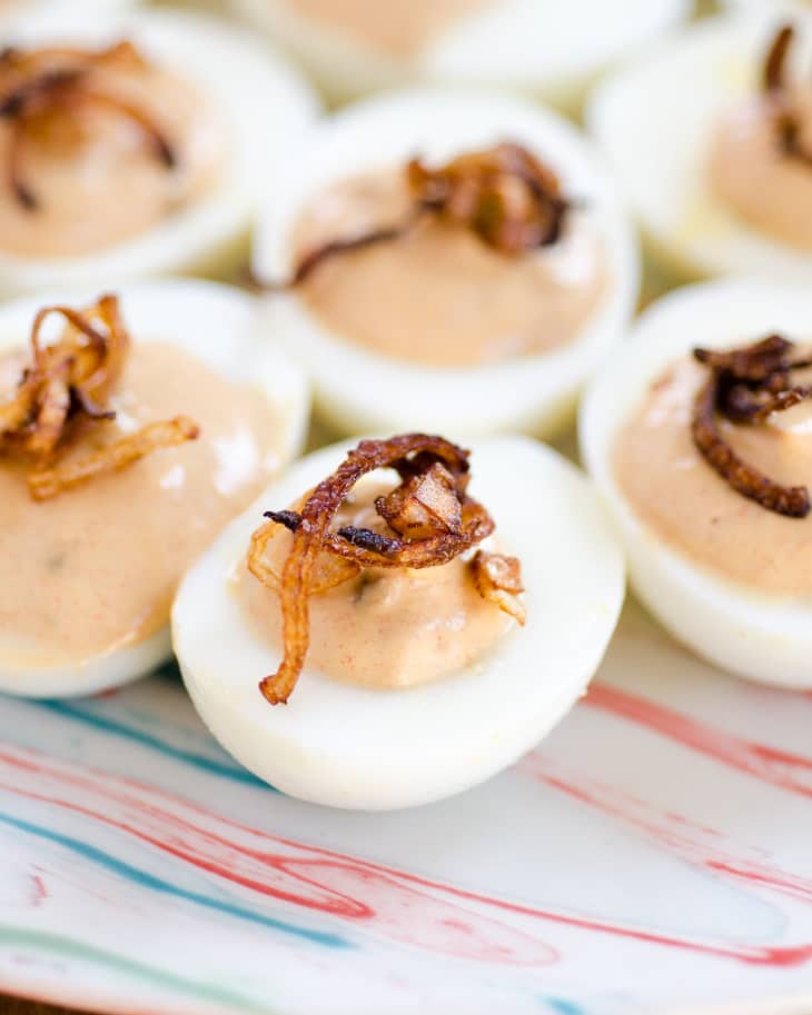 Recipe Smoky Deviled Eggs with Greek Yogurt & Frizzled Shallots The