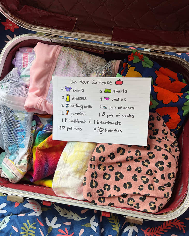 suitcase full of clothes with paper list