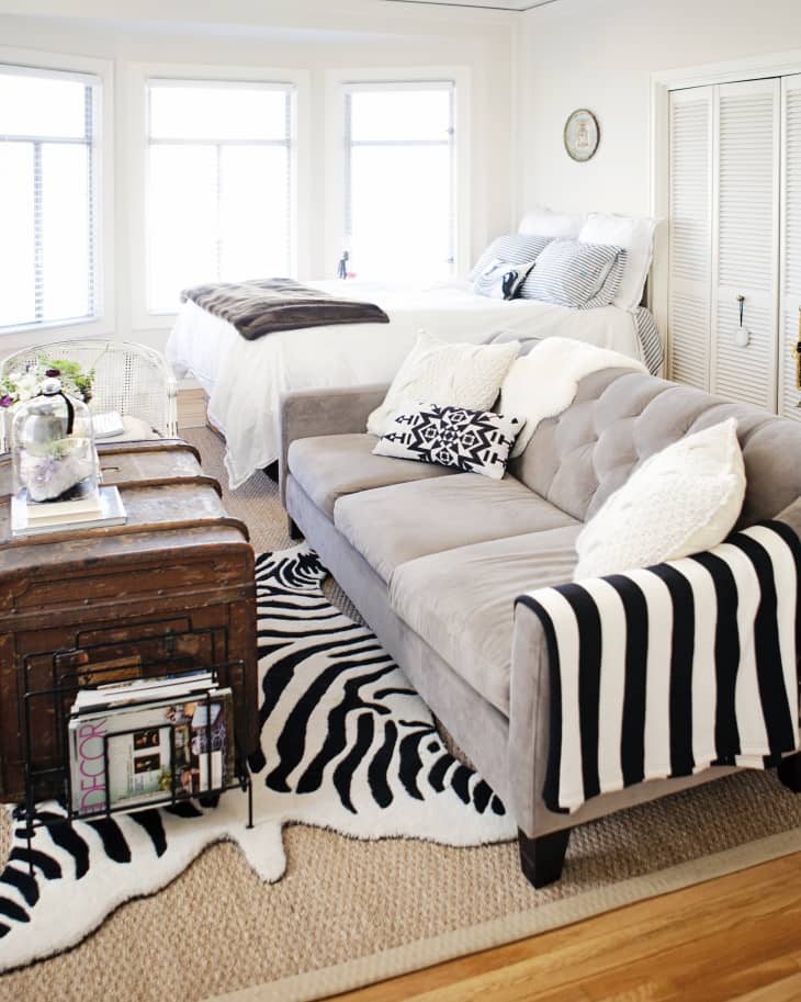 Living room with gray sofa, zebra print rug, wooden coffee table, and a bed with striped pillows by large windows.