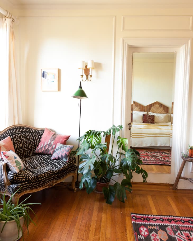 Cozy living room with patterned sofa, colorful pillows, large green plant, and a mirror reflecting a bed.