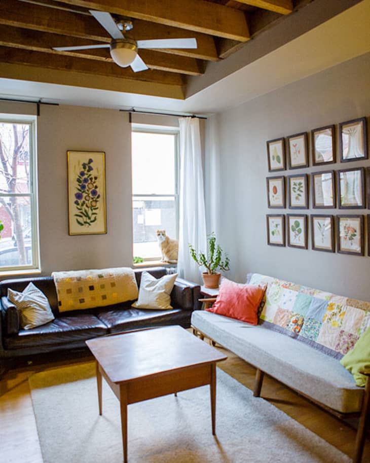 Cozy living room with a brown leather sofa, colorful cushions, a wooden coffee table, and framed botanical prints on the wall.