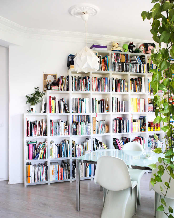 Bookshelf filled with colorful books, modern white chairs, glass table, and hanging plant in a bright room.