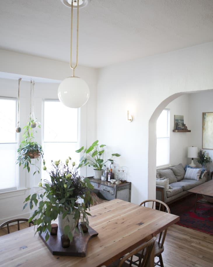 Dining room with wooden table, chairs, hanging plants, and a view into a cozy living room with a sofa and wall art.
