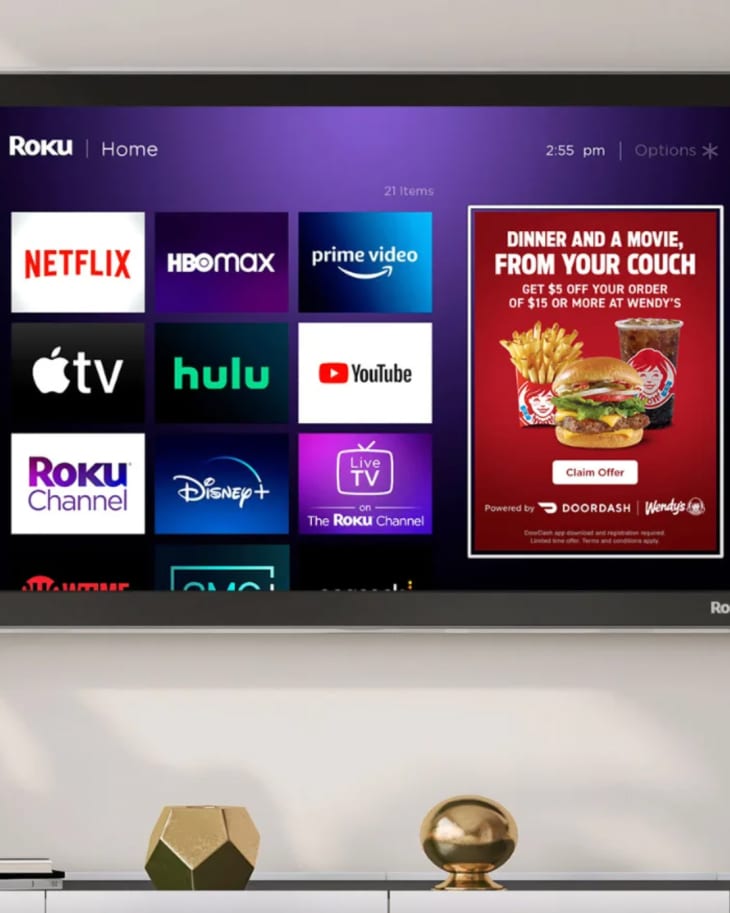 Television with Roku viewing options listed.