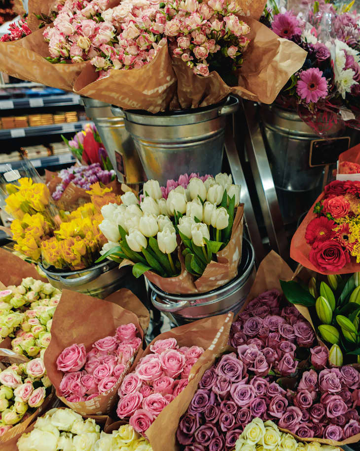 Wrapped Flower bouquets on sale in a supermarket
