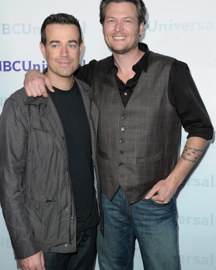 TV host Carson Daly and musician Blake Shelton arrive to the NBC Universal 2012 Winter TCA Tour All-Star Party on January 6, 2012 in Pasadena, California.