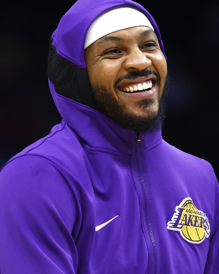 Carmelo Anthony #7 of the Los Angeles Lakers looks on prior to the first half of the game against the Charlotte Hornets at Spectrum Center on January 28, 2022 in Charlotte, North Carolina.
