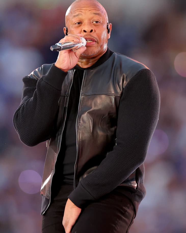 INGLEWOOD, CALIFORNIA - FEBRUARY 13: Dr. Dre performs during the Pepsi Super Bowl LVI Halftime Show at SoFi Stadium on February 13, 2022 in Inglewood, California. (Photo by Kevin C. Cox/Getty Images)
