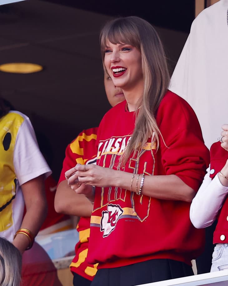 KANSAS CITY, MISSOURI - OCTOBER 22: Taylor Swift and Brittany Mahomes look on during the first half of the game between the Los Angeles Chargers and Kansas City Chiefs at GEHA Field at Arrowhead Stadium on October 22, 2023 in Kansas City, Missouri. (Photo by David Eulitt/Getty Images)