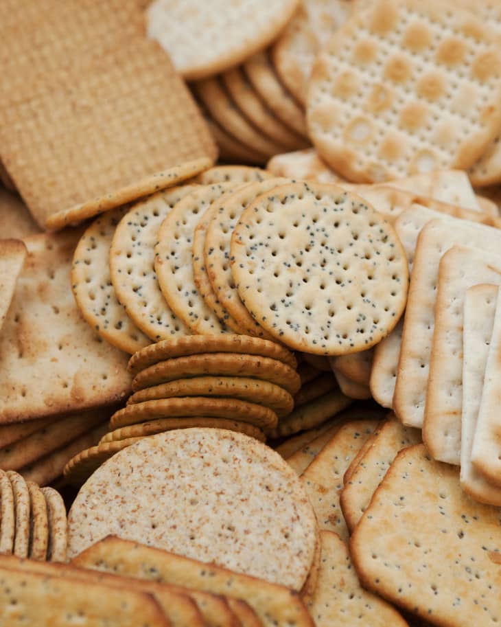 Close up of a large selection of cream crackers