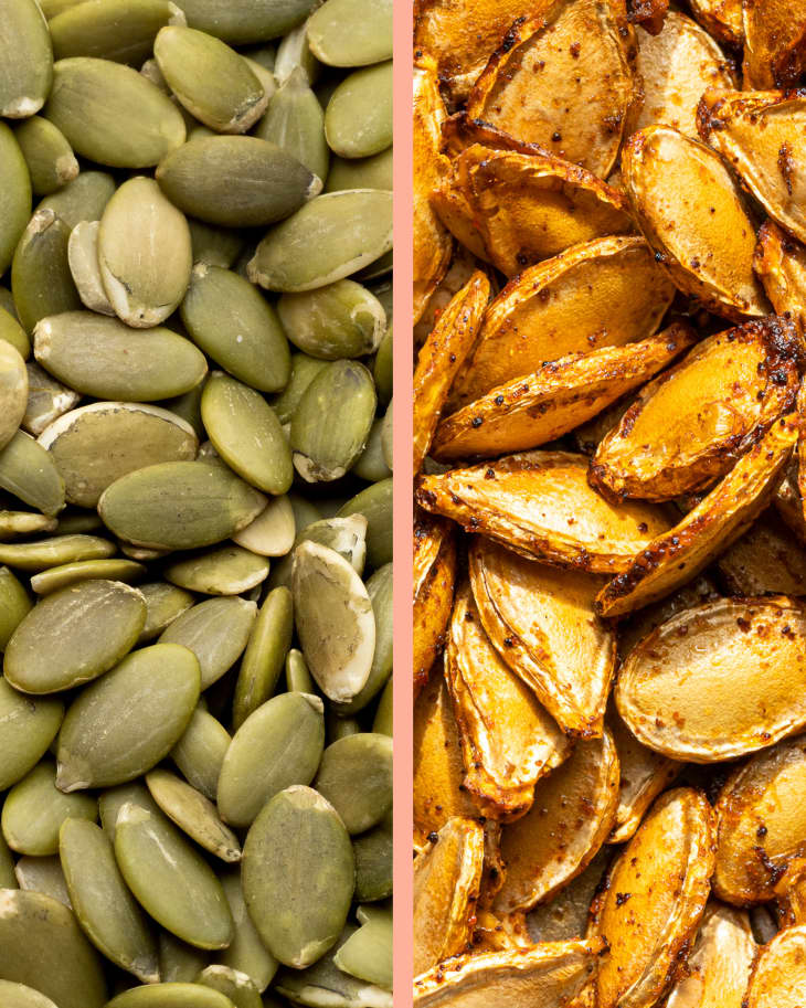 Diptych of green pepitas on left and roasted pumpkin seeds on right.