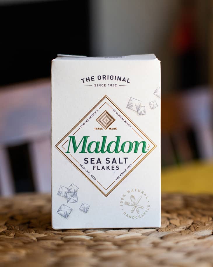 editorial - maldon sea salt flakes box on a table. 03/2019.