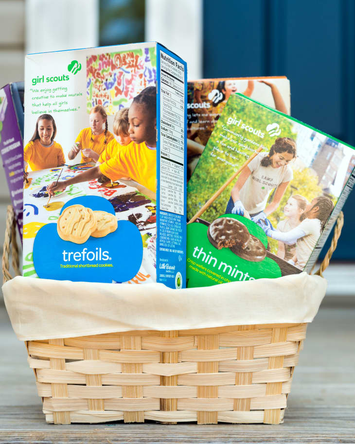 MARCH 9, 2014: Assortment of packaged Girl Scout cookies in basket delivered on front porch.