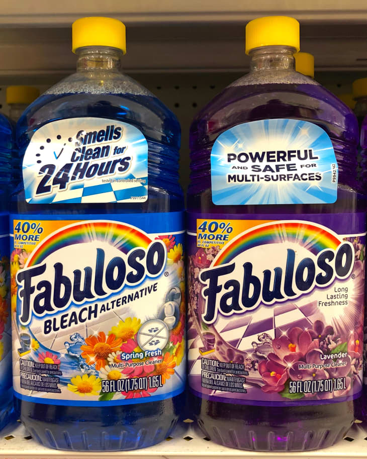 rocery store shelf with bottles of Fabuloso brand Bleach Alternative. Spring fresh and Lavender scented.