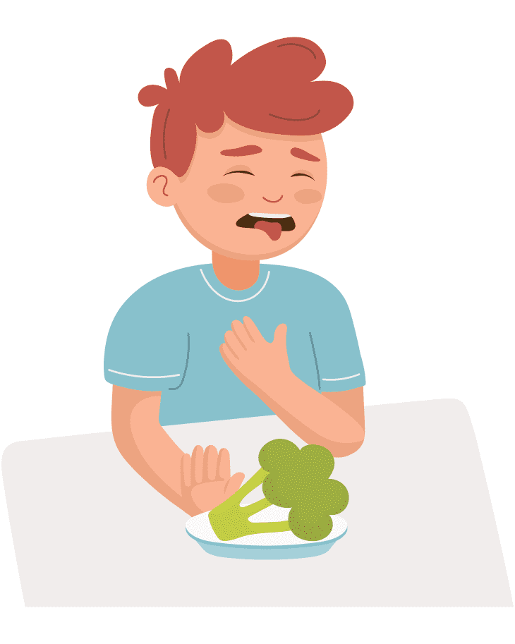 Little Child sit at the dinner table and Refuse to Eat Healthy Food, Boy Does Not Like Broccoli. picky eater, children hate vegetables