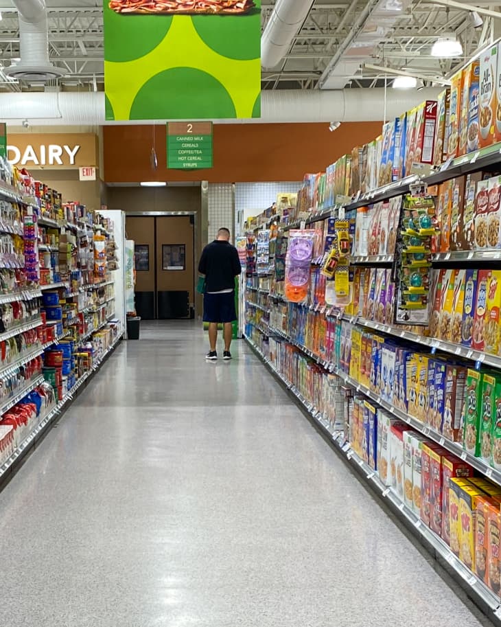 February 26, 2020: The cereal, coffee and tea aisle at a Publix grocery store in Orlando, Florida