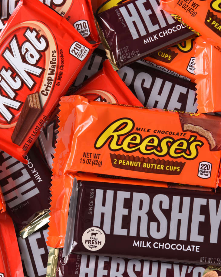 A variety of Hersheys Candy Bars. The full size candy bars are a favorite at Halloween.