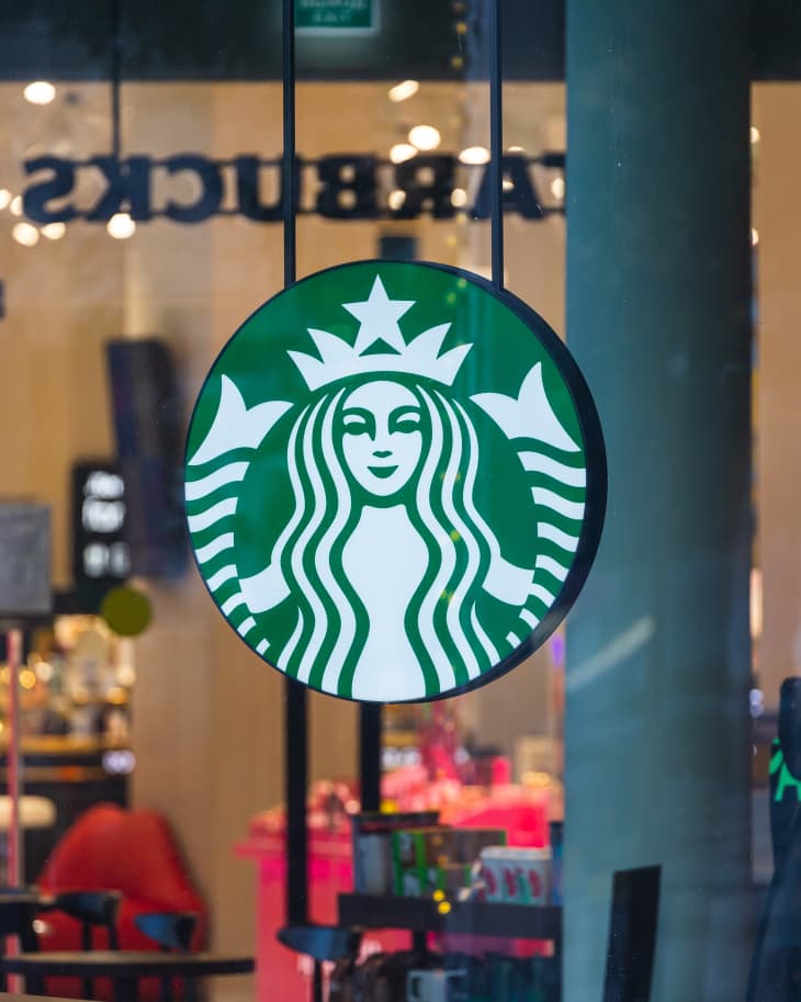 Starbucks Coffee Shop Famous Branches in Moscow. Logo Starbucks Close-Up.