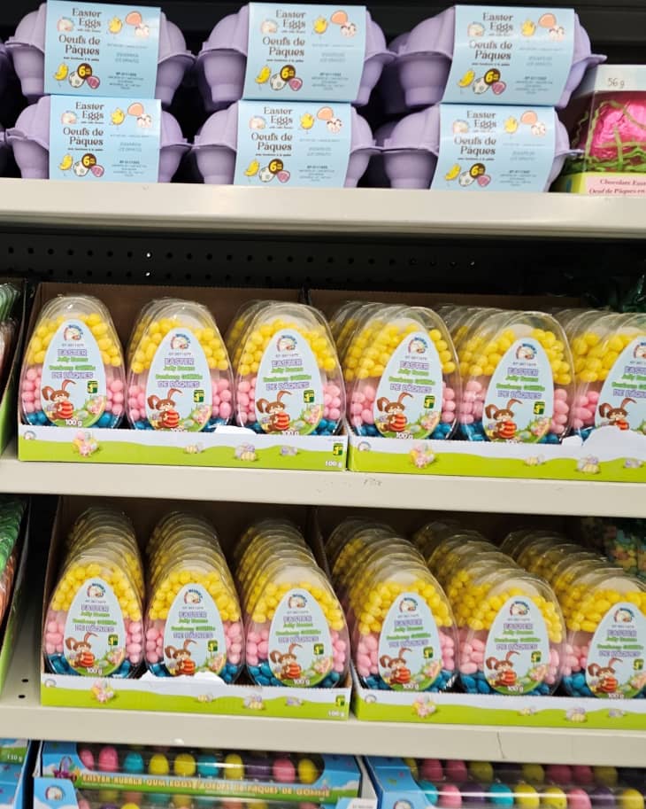 Full shelves of Easter candy on display.