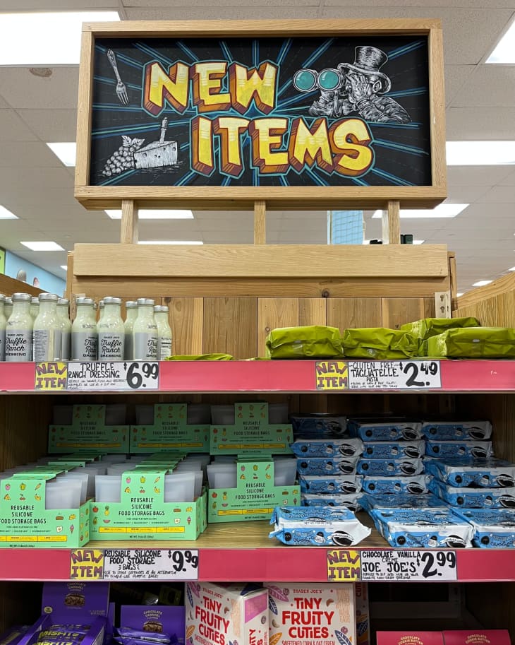 A display in Trader Joe's. The sign says "New Items".