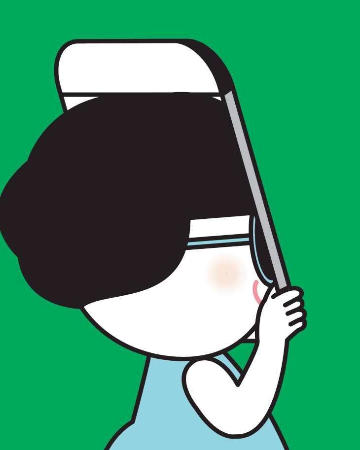 Girl Puts Her Head Into Large Mobile Cell Phone Concept Card Character illustration.