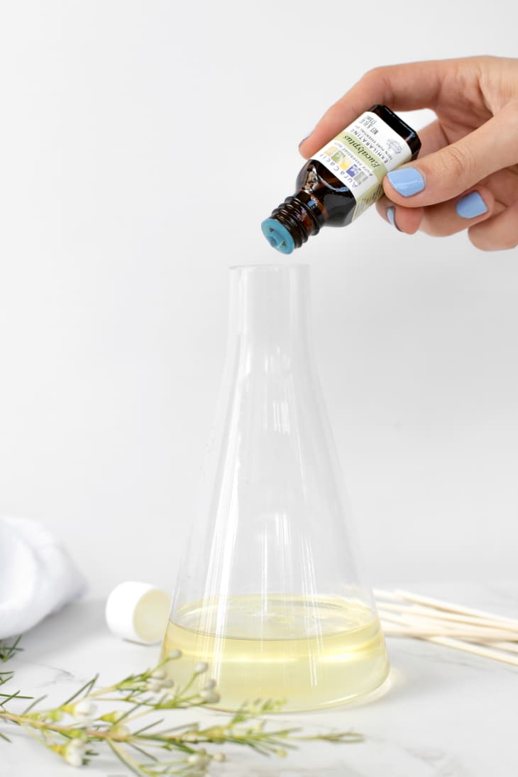 a person pouring eucalyptus oil into the glass container.