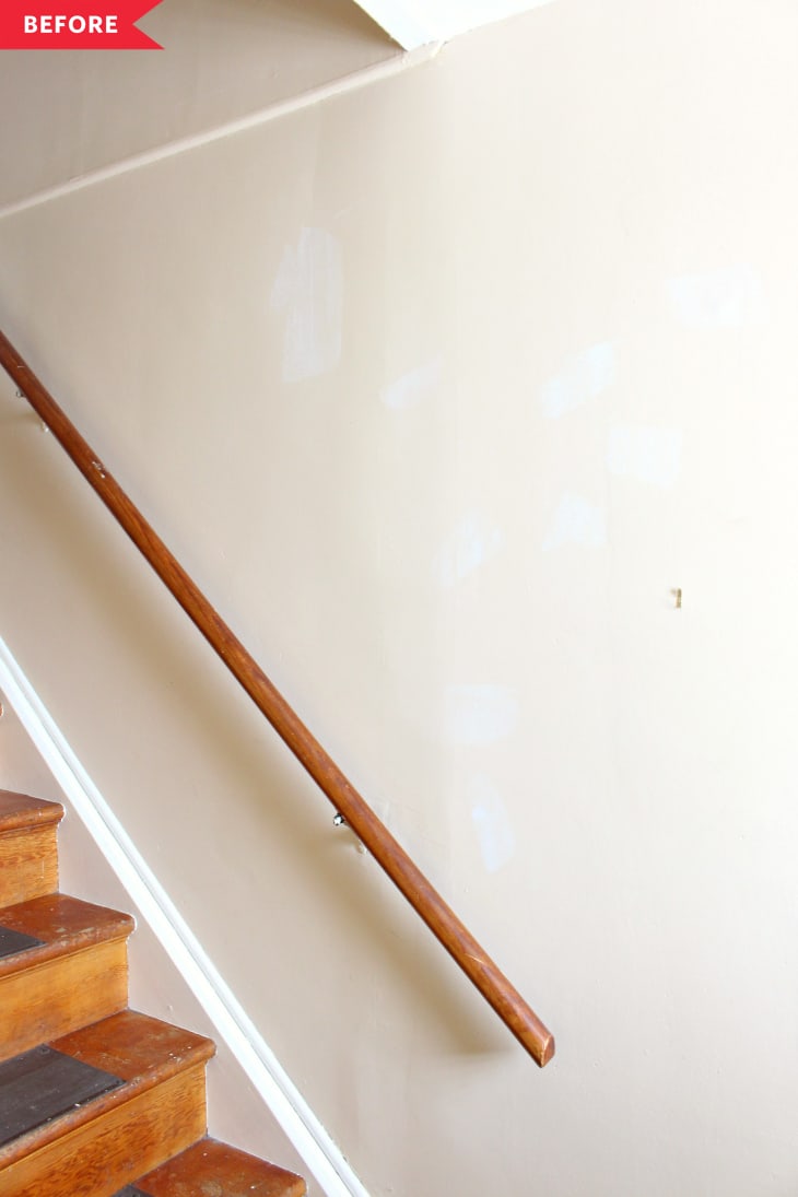 Before: Plain white stairway with wood steps