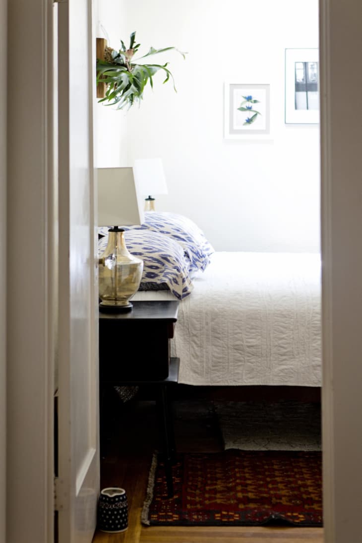 Bedroom with white bedding, blue patterned pillows, a bedside lamp, wall art, and a hanging plant.